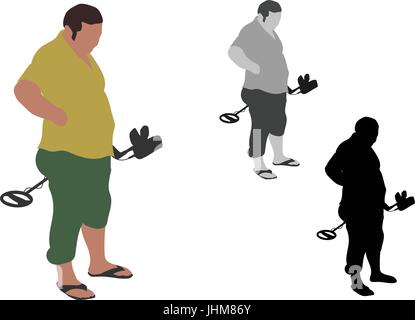 Uomo grasso con pantofole in piedi con il rivelatore di metalli Illustrazione Vettoriale