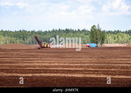 Bog e il campo in base al quale la produzione è effettuata in bianco e nero di data mining di torba, industria, con macchinari Foto Stock