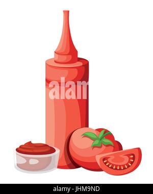 Salsa di pomodoro, ketchup in vaso con vegetali. Illustrazione di vettore per il menù del ristorante. Pagina del sito web e mobile app design elemento vettoriale Illustrazione Vettoriale