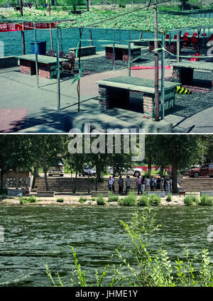 Pechino, Cina. 14 Luglio, 2017. Combinazione foto mostra la precedente barbecue illegale sorge presso la banca di fiume Yongding (superiore) e persone godere il tempo libero al Riverside (basso) sulla luglio 14, 2017 a Pechino, capitale della Cina. Mentougou distretto ha lanciato una speciale azione di governance per l'ambiente costiero del Fiume Yongding che dura 3 mesi. Questa misura non solo di migliorare la qualità dell'acqua e dell'aria, ma ha anche creato un ordinato e bellissimo luogo di svago per la popolazione locale. Credito: Li Xin/Xinhua/Alamy Live News Foto Stock