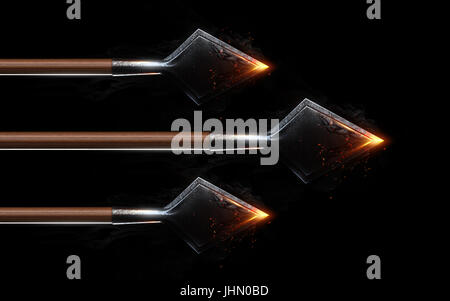 Blazing battenti frecce su sfondo nero isolato. Concetto. 3D render Foto Stock