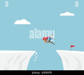 Imprenditore nel red cape jumping al successo con bandiera rossa a cliff, business Concept cartoon illustrazione vettoriale Illustrazione Vettoriale