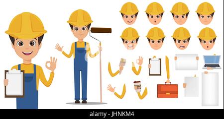 Builder cartoon character creation set. Giovane bello installatore in uniforme e casco. Costruire il tuo design personale - vettore di stock Illustrazione Vettoriale