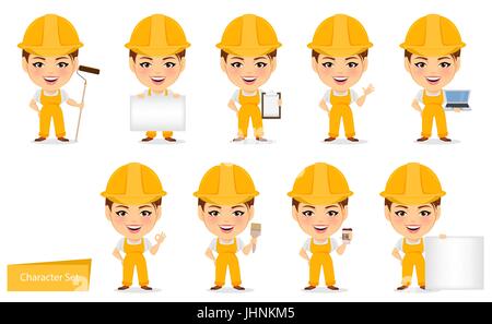 Builder donna. Funny lavoratore di sesso femminile che con grande testa. Set di divertente personaggio dei fumetti. Illustrazione Vettoriale. Illustrazione Vettoriale