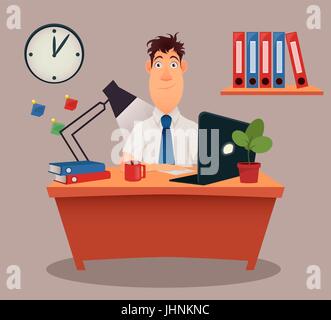 Imprenditore, lavoratore di ufficio. Creative moderno giovane uomo seduto al tavolo di lavoro con un computer portatile. Cartoon carino design. In stile appartamento. Colorate il vettore Illustrazione Vettoriale