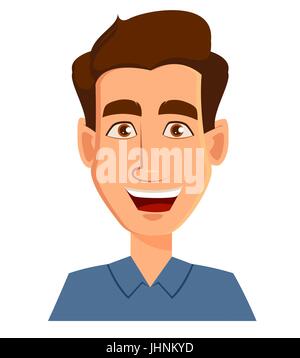 Faccia l'espressione di un uomo - sorridente. Maschio di emozioni. Bel personaggio dei fumetti. Illustrazione di vettore isolato su sfondo bianco. Illustrazione Vettoriale