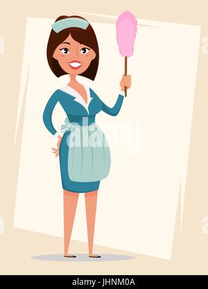 La cameriera carino sorridente ragazza vestita in classico cameriera francese vestiti, azienda spazzola parapolvere. Personaggio dei fumetti. Il servizio di pulizia annuncio. Illustra il vettore Illustrazione Vettoriale