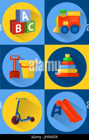 Illustrazione Vettoriale giocattoli per bambini piatto icone Illustrazione Vettoriale