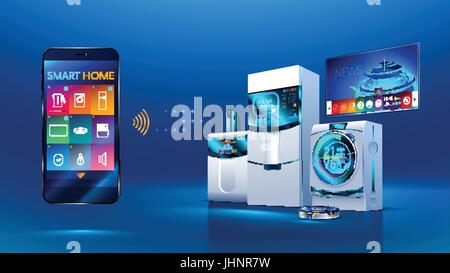 Elegante cucina. smart phone gestisce elettrodomestici per la cucina: lavastoviglie, frigorifero, lavatrice. robot aspirapolvere, Smart TV. Vettore. isometri Illustrazione Vettoriale