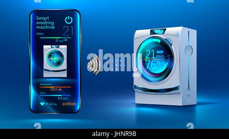 I comandi dello smartphone tramite una connessione wireless via Internet con una smart lavatrice. Internet delle cose. IOT. Casa intelligente. Home automation Illustrazione Vettoriale