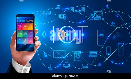 Internet delle cose. imprenditore tenendo il telefono in mano e controlla la casa intelligente in modalità wireless, vettore concetto su sfondo blu. Iot Logo. Le app Illustrazione Vettoriale
