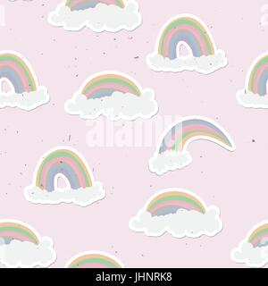 Carino rainbow seamless pattern. Dolce arcobaleno e nuvole sullo sfondo Illustrazione Vettoriale