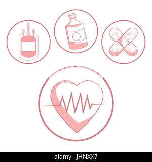 Sfondo bianco con colore rosso sezioni di silhouette heartbeat di icone e di salute nel telaio circolare Illustrazione Vettoriale