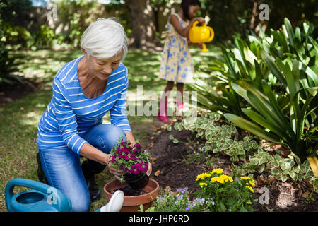 Sorridente donna senior piantare fiori mentre il nipote di impianti di irrigazione a backyard Foto Stock