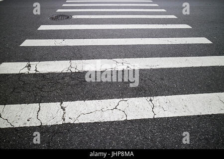 Incrinato verniciato bianco indicano le linee crosswalk sulla via della città di New York City STATI UNITI D'AMERICA Foto Stock