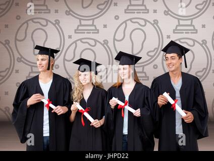 Digital composito di un gruppo di laureati in piedi nella parte anteriore del globo mondo graphics Foto Stock