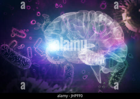 3d illustrazione del cervello umano contro l'immagine digitale del batterio verde Foto Stock