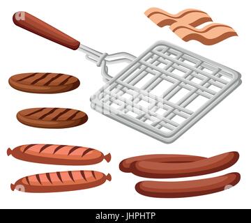 Barbecue home o ristorante cena prodotti grill barbecue attrezzatura da cucina vettore illustrazione piatto carne cibo per la famiglia estate tempo sito Web pa Illustrazione Vettoriale