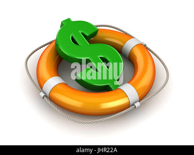 Verde simbolo del dollaro in salvagente , questo è un rendering 3d generate computer immagine. Isolato su bianco. Foto Stock