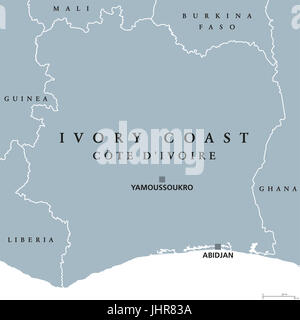 La Costa d Avorio mappa politico con capitale Yamoussoukro e Abidjan. Repubblica della Costa d'Avorio, paese sulla costa dell'Africa occidentale. Illustrazione di grigio. Foto Stock