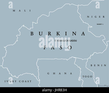 Burkina Faso mappa politico con capitale Ouagadougou. Paese senza sbocco sul mare in Africa occidentale, ex Repubblica di Volta Superiore. Illustrazione di grigio. Foto Stock