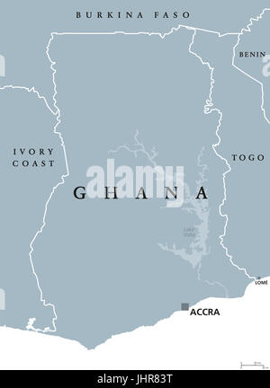 Ghana mappa politico con la capitale Accra. Repubblica e paese in Africa occidentale lungo il Golfo di Guinea e Oceano Atlantico. Illustrazione di grigio. Foto Stock