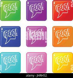 BOO, testo fumetto discorso bolla icone set 9 Illustrazione Vettoriale