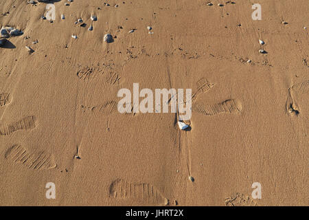 Sabbia di mare sulla spiaggia con tracce di differenti calzature Foto Stock