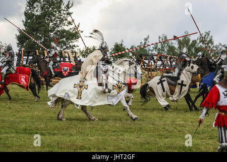 Grunwald, Polonia. Il 15 luglio 2017. Battaglia di Grunwald rievocazione storica è visto il 15 luglio 2017 in Grunwald, Polonia. La battaglia di Grunwald fu combattuta il 15 luglio 1410 durante il polacco-lituano-teutonico di guerra. L'alleanza del regno di Polonia e del Granducato di Lituania, guidate rispettivamente dal re Wladyslaw II Jagiello e il Granduca Vytautas decisamente sconfitto il tedesco-prussiana di cavalieri teutonici, guidato dal Gran Maestro Ulrich von Jungingen. La maggior parte dei cavalieri teutonici leadership erano stati uccisi o catturati. Credito: Michal Fludra/Alamy Live News Foto Stock