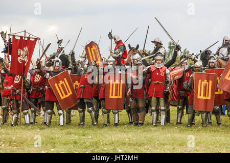 Grunwald, Polonia. Il 15 luglio 2017. Battaglia di Grunwald rievocazione storica è visto il 15 luglio 2017 in Grunwald, Polonia. La battaglia di Grunwald fu combattuta il 15 luglio 1410 durante il polacco-lituano-teutonico di guerra. L'alleanza del regno di Polonia e del Granducato di Lituania, guidate rispettivamente dal re Wladyslaw II Jagiello e il Granduca Vytautas decisamente sconfitto il tedesco-prussiana di cavalieri teutonici, guidato dal Gran Maestro Ulrich von Jungingen. La maggior parte dei cavalieri teutonici leadership erano stati uccisi o catturati. Credito: Michal Fludra/Alamy Live News Foto Stock