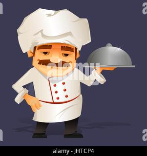 Chef di cucina che serve cibo. Cartoon carino carattere cuochi in uniforme e azienda Ristorante Cloche. Isolato illustrazione vettoriale Illustrazione Vettoriale