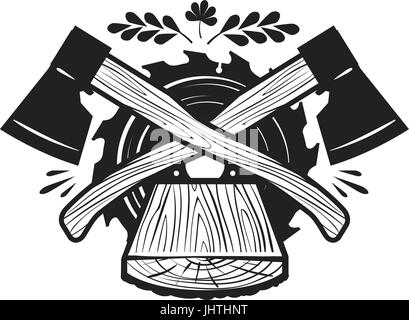 Segheria, abbattimento logo. Lavori in legno Lavori di falegnameria, carpenteria icona o etichetta. Illustrazione Vettoriale Illustrazione Vettoriale