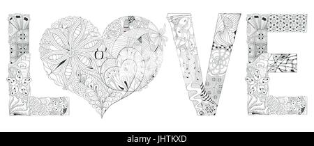 Dipinte a mano e art design. Adulto anti-stress pagina di colorazione. In bianco e nero disegnato a mano illustrazione parola amore per il libro da colorare Illustrazione Vettoriale