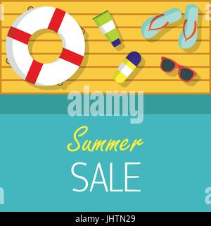 Estate vendita sfondo vettoriale per il web, banner, promozione, flyer l'iscrizione estate vendita su sfondo blu vista superiore Illustrazione Vettoriale