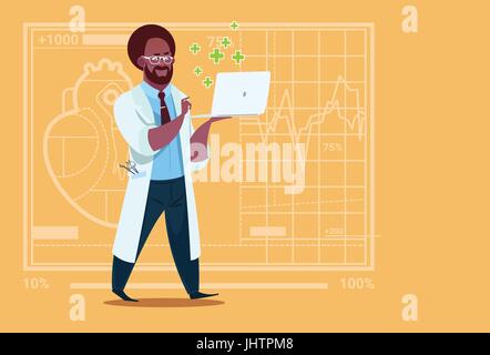 African American medico contenere un computer portatile Consultazione Online ambulatori medici ospedalieri del lavoratore Illustrazione Vettoriale