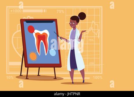 Femmina americano africano medico dentista cercando in corrispondenza del dente a bordo di cliniche mediche lavoratore stomatologia ospedale Illustrazione Vettoriale