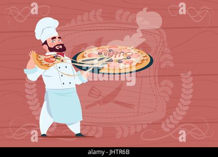 Chef di cucina Azienda Pizza Cartoon sorridente capo nel ristorante bianco uniforme su legno sfondo testurizzata Illustrazione Vettoriale