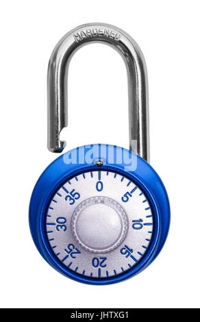 Blue Open serratura a combinazione isolata su sfondo bianco. Foto Stock