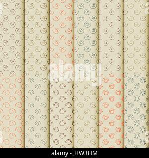 Set di astratta sfondi senza giunture con spirali tratteggiata, texture con effetto mezzitoni. Ripetere pattern colorati, illustrazione vettoriale. Illustrazione Vettoriale
