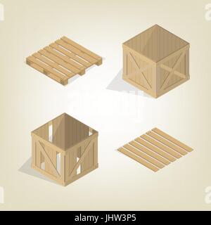 Realistico contenitore di legno per il trasporto merci con pallet, isolata su uno sfondo luminoso. Appartamento 3D isometrica stile, illustrazione vettoriale. Illustrazione Vettoriale