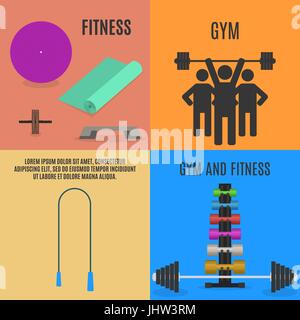 Set di attrezzature sportive elementi. Elementi piani di progettazione per palestra e fitness, illustrazione vettoriale. Illustrazione Vettoriale