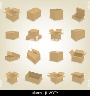 Set di scatola di cartone icone isolati su sfondo bianco. In stile appartamento, illustrazione vettoriale. Illustrazione Vettoriale