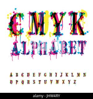 Alfabeto CMYk. Composizione non riconosciuto da diverse lettere e cadute e striature. Contiene tre strati separati, modificare facilmente e mescolare i colori. Illustrazione Vettoriale