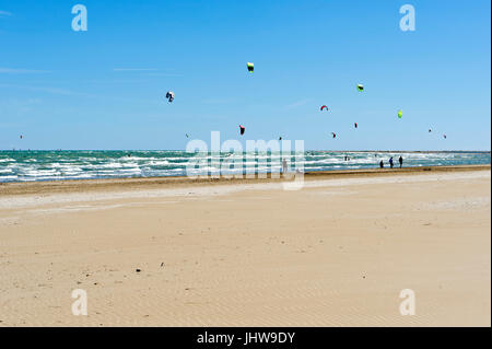 Il kite surf e windsurf off Riumar beach, vicino a Deltebre, Parco Naturale del Delta de l'Ebre, Castellón, Spagna Orientale Foto Stock