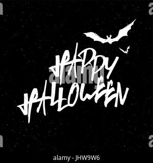 Happy Halloween scritte. Le lettere in bianco su nero testurizzato sfondo. Con pipistrelli silhouette. Illustrazione Vettoriale