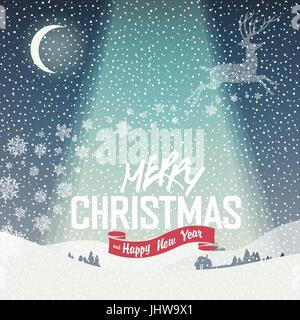 Merry Christmas Card. Calma scena invernale illustrazione. Buon Natale scritte Illustrazione Vettoriale