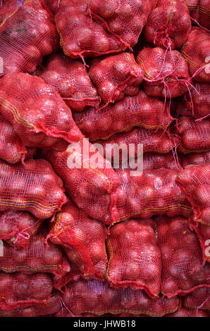 Sacs contenente cipolla grande impilati per la vendita al mercato locale a Little India, Singapore Foto Stock