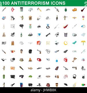 100 antiterrorismo set di icone, stile cartoon Illustrazione Vettoriale