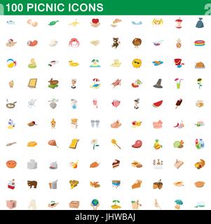 100 picnic set di icone, stile cartoon Illustrazione Vettoriale