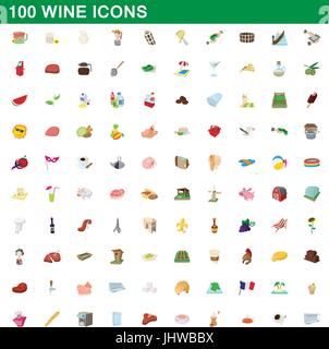 100 vino set di icone, stile cartoon Illustrazione Vettoriale